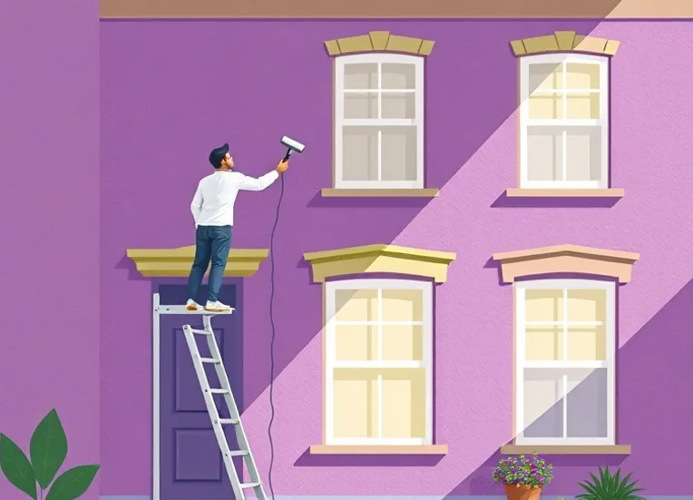 Peintre sur échafaudage traitant la façade d'une maison